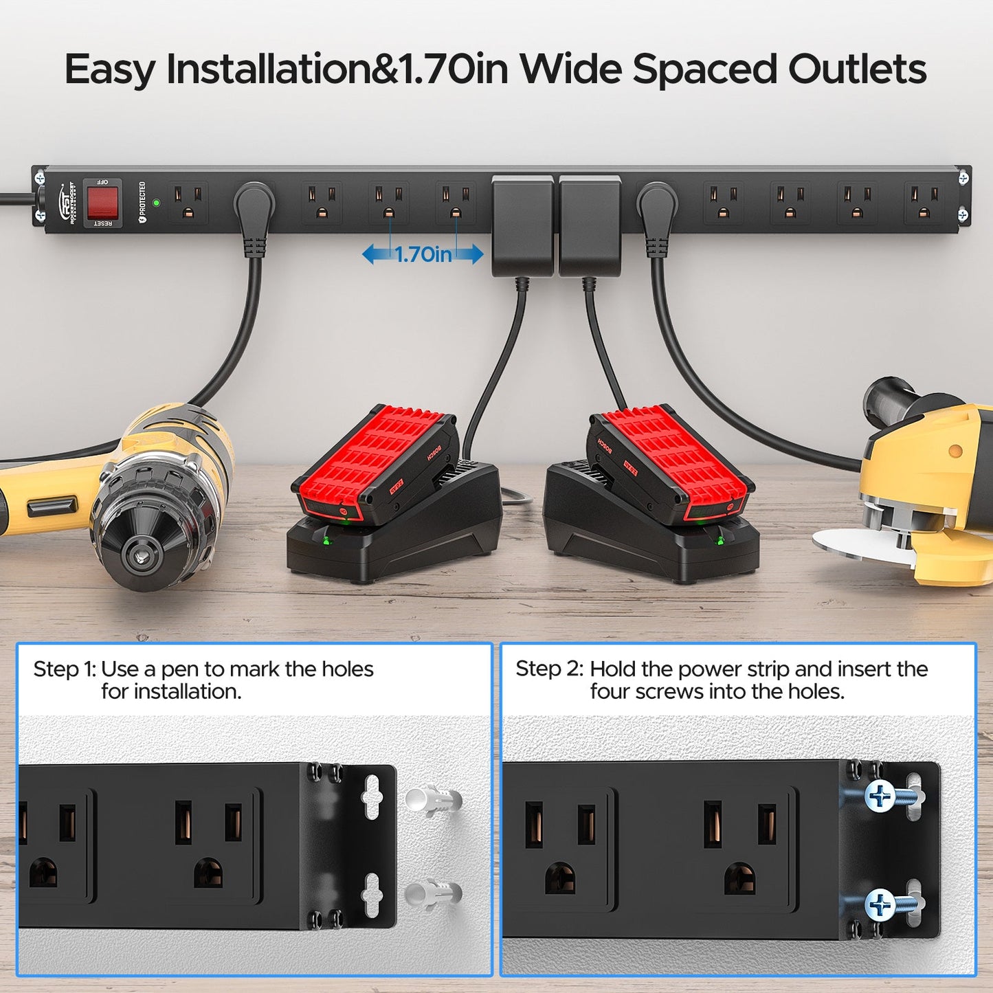 CRST 12 Outlets Wide Spaced Mountable Metal Power Strip Surge Protector, Optional 15FT or 6FT Flat Plug Power Cord