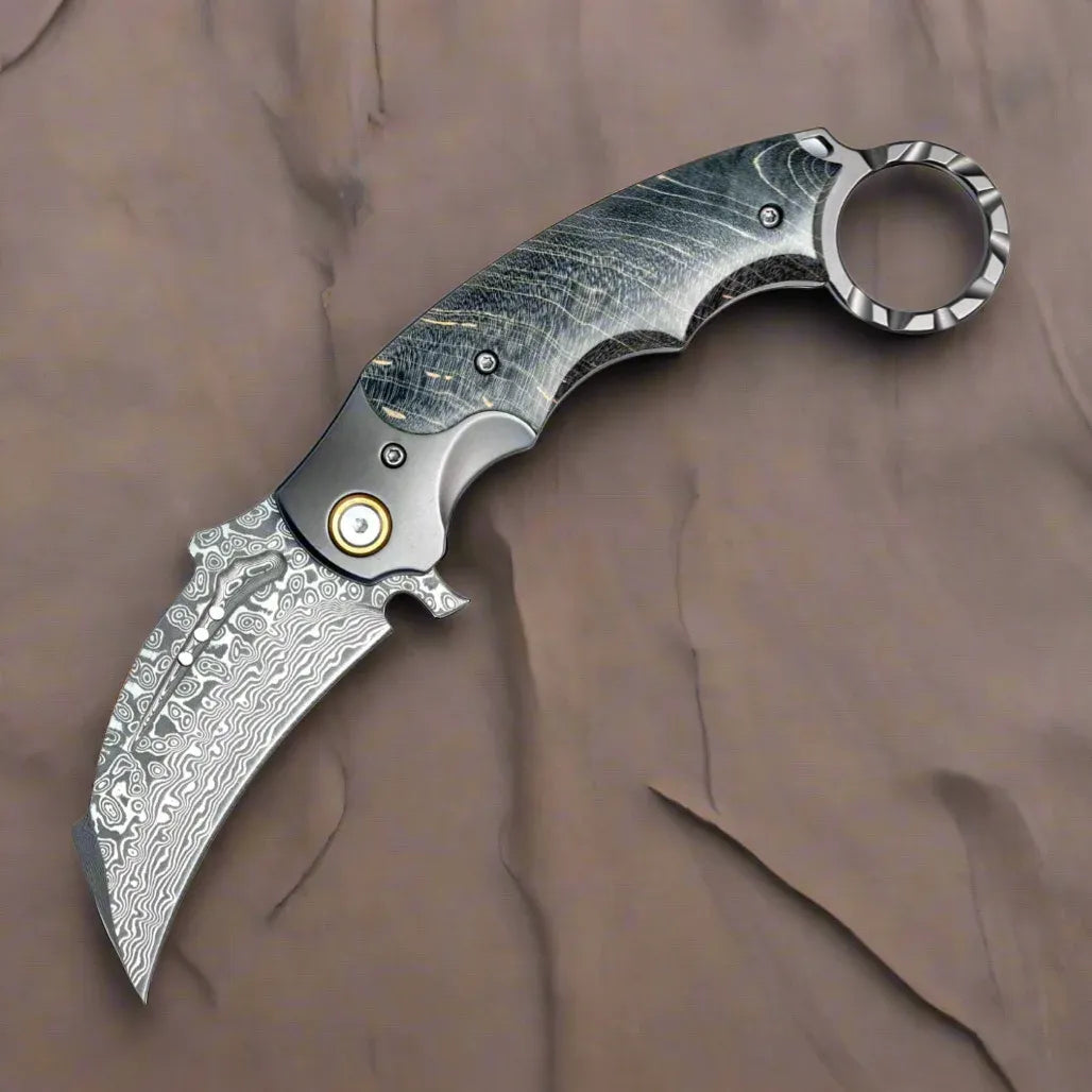 Falcon Japanese Damascus Pocket Knife with Exotic Stained Maple Burl Handle
