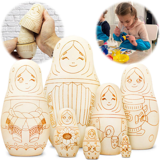 AEVVV Paint Your Own Matryoshka Doll Set 7 pcs   Blank Nesting Dolls for Coloring   Unpainted Russian Nesting Dolls   Unfinished Wood Crafts DIY Projects