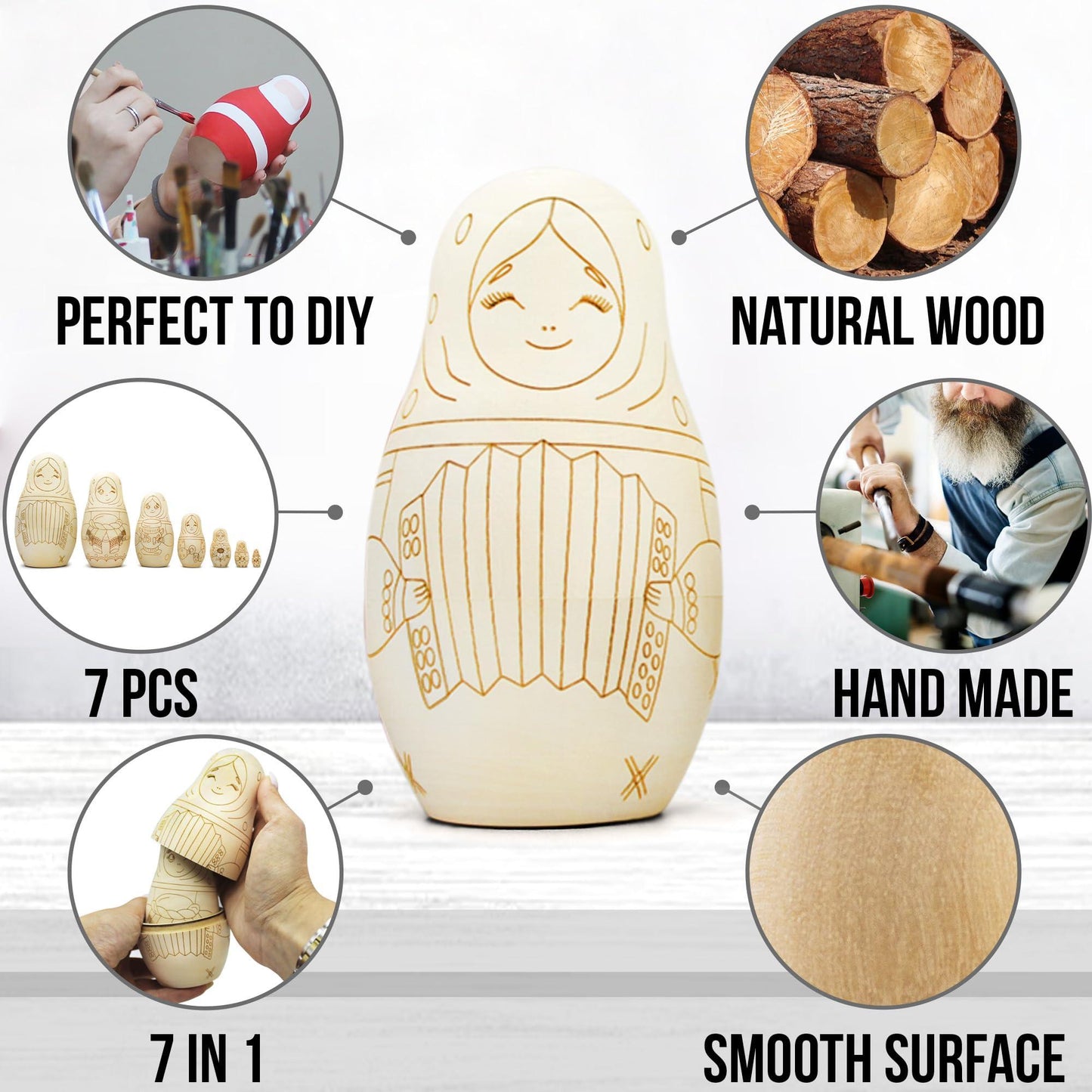 AEVVV Paint Your Own Matryoshka Doll Set 7 pcs   Blank Nesting Dolls for Coloring   Unpainted Russian Nesting Dolls   Unfinished Wood Crafts DIY Projects