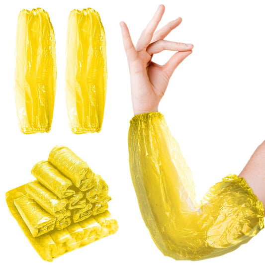 Yellow Disposable Arm Sleeves 18 Inches. 100 Pack Waterproof Sleeve for Arm with Elastic Wrists. 1 Mil Polyethylene Disposable Sleeves to Cover Arms. Disposable Sleeve Protectors for Arms