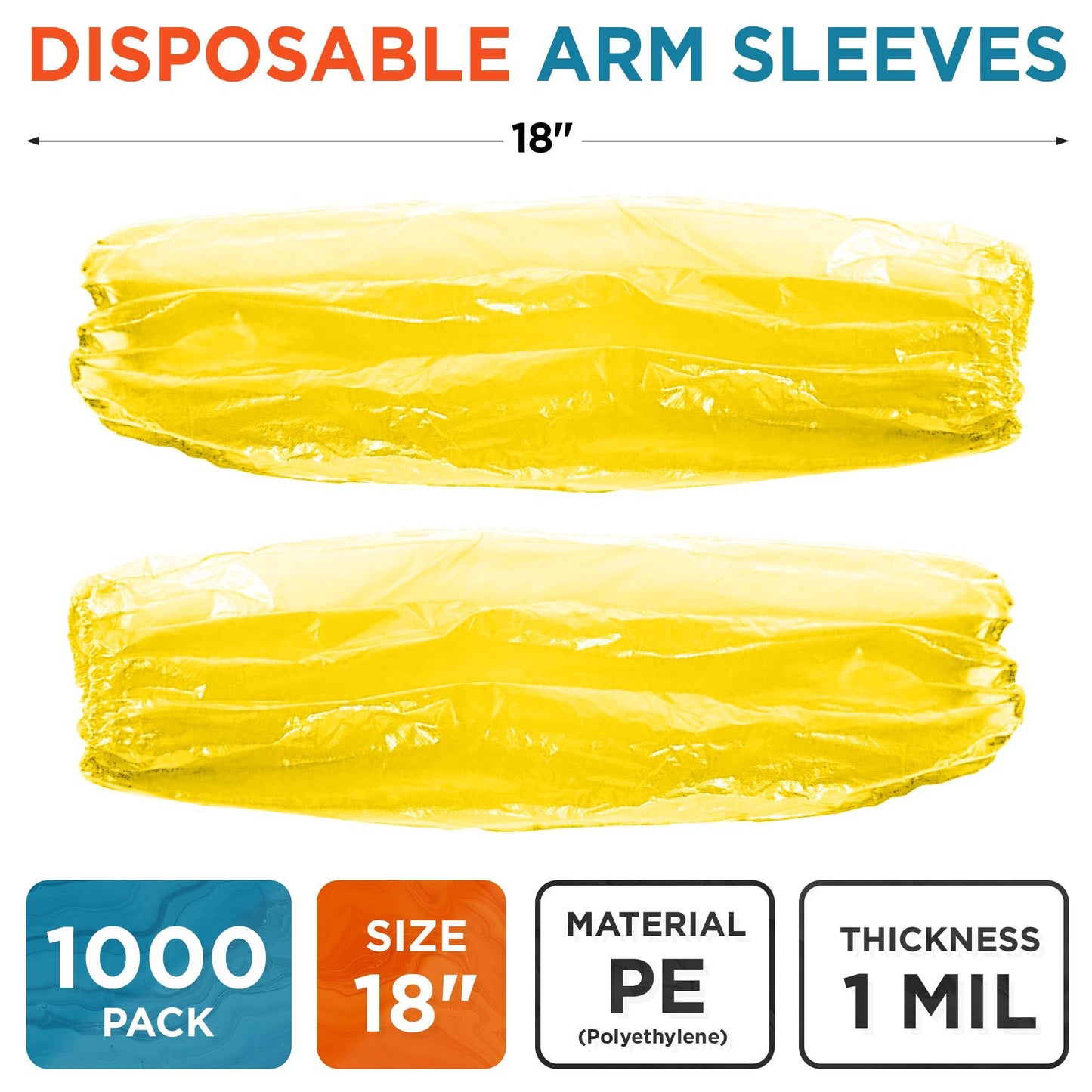 Yellow Disposable Arm Sleeves 18 Inches. 100 Pack Waterproof Sleeve for Arm with Elastic Wrists. 1 Mil Polyethylene Disposable Sleeves to Cover Arms. Disposable Sleeve Protectors for Arms