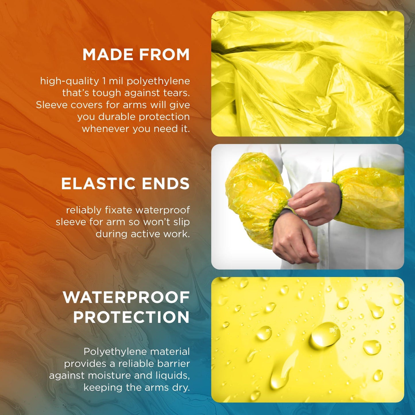 Yellow Disposable Arm Sleeves 18 Inches. 100 Pack Waterproof Sleeve for Arm with Elastic Wrists. 1 Mil Polyethylene Disposable Sleeves to Cover Arms. Disposable Sleeve Protectors for Arms