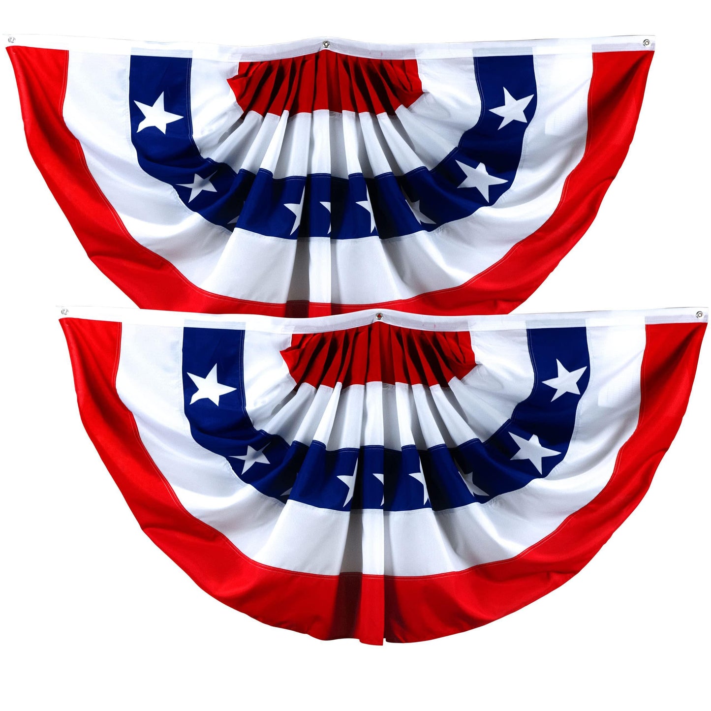 – 2 Pack: USA Pleated Fan Flag 1.5x3 Feet American USA Bunting Decoration Flags PRINTED 150D Patriotic Stars and Stripes with Canvas Header and Brass Grommets