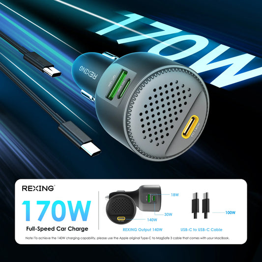Rexing 170W 3-Port Power Adapter USB C Car Charger with 140W USB-C PD, 30W USB-C, 18W USB-A Quick Charge with Cables Included - 🆕 New Arrivals, All Products, Products from Rexing, 🖥️ Electronics, 🖥️ Electronics Accessories - Little Red General Store