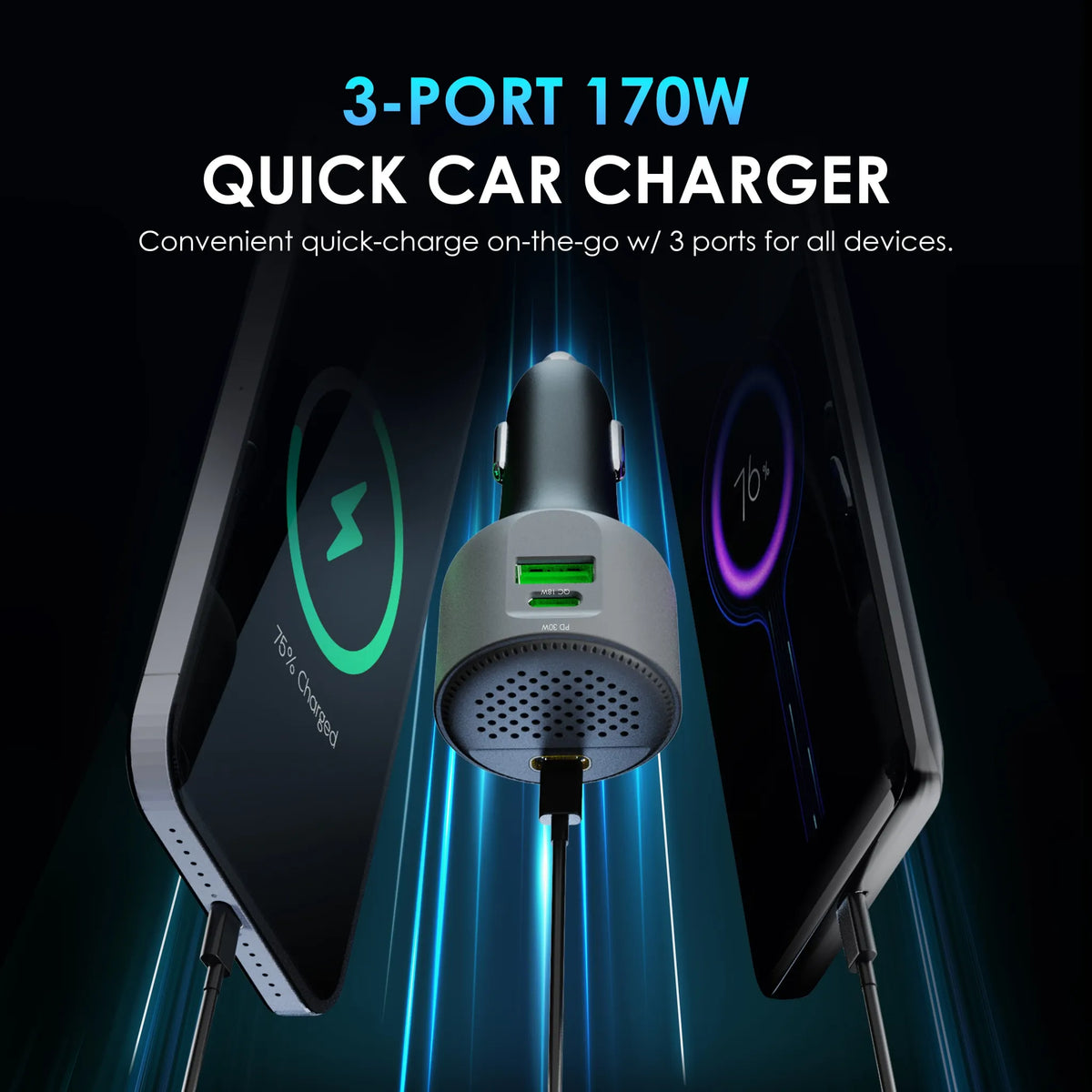 Rexing 170W 3-Port Power Adapter USB C Car Charger with 140W USB-C PD, 30W USB-C, 18W USB-A Quick Charge with Cables Included - 🆕 New Arrivals, All Products, Products from Rexing, 🖥️ Electronics, 🖥️ Electronics Accessories - Little Red General Store