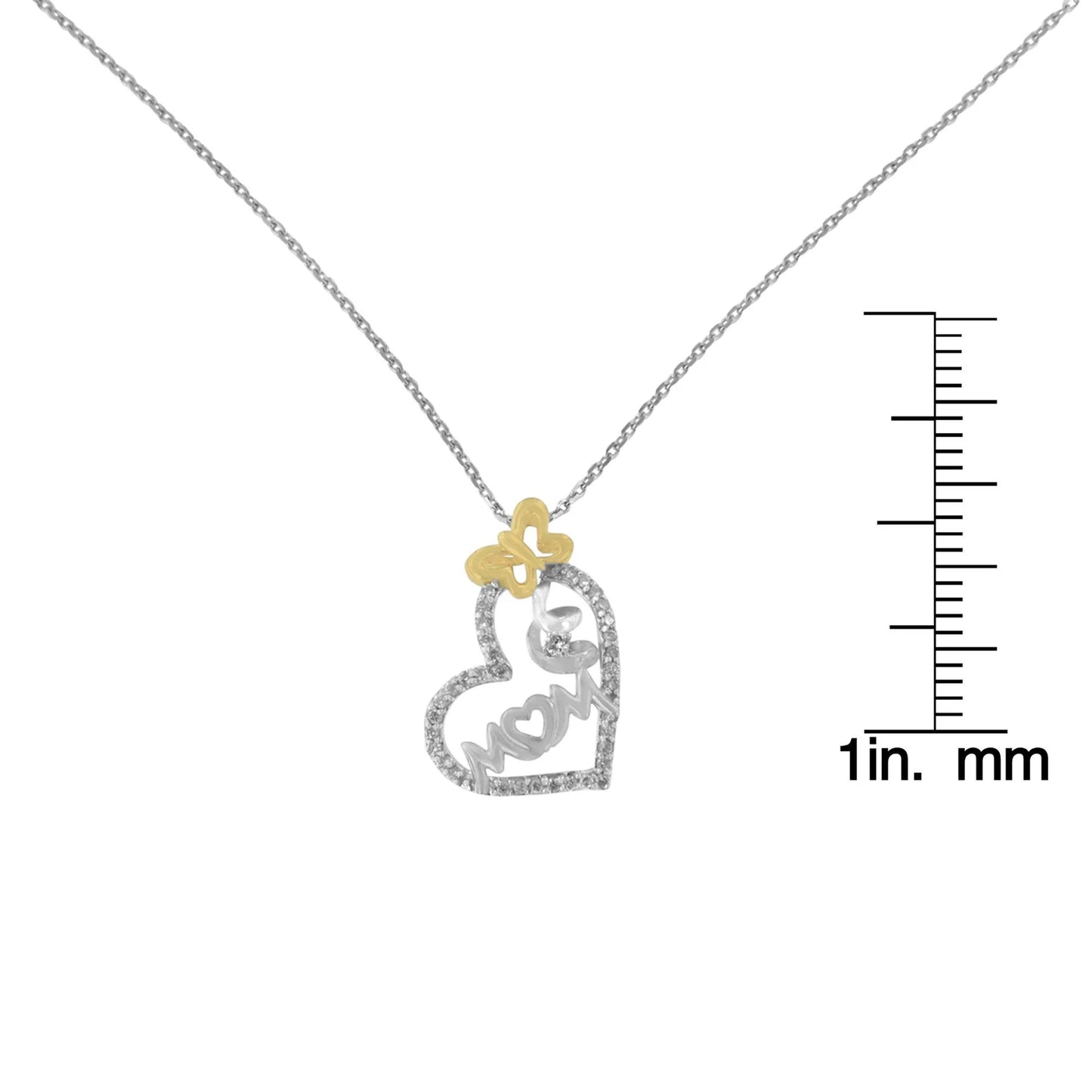 Two Tone .925 Sterling Silver 1/5 cttw Diamond "Mom" and Heart Pendant Necklace (H-I, I1-I2)