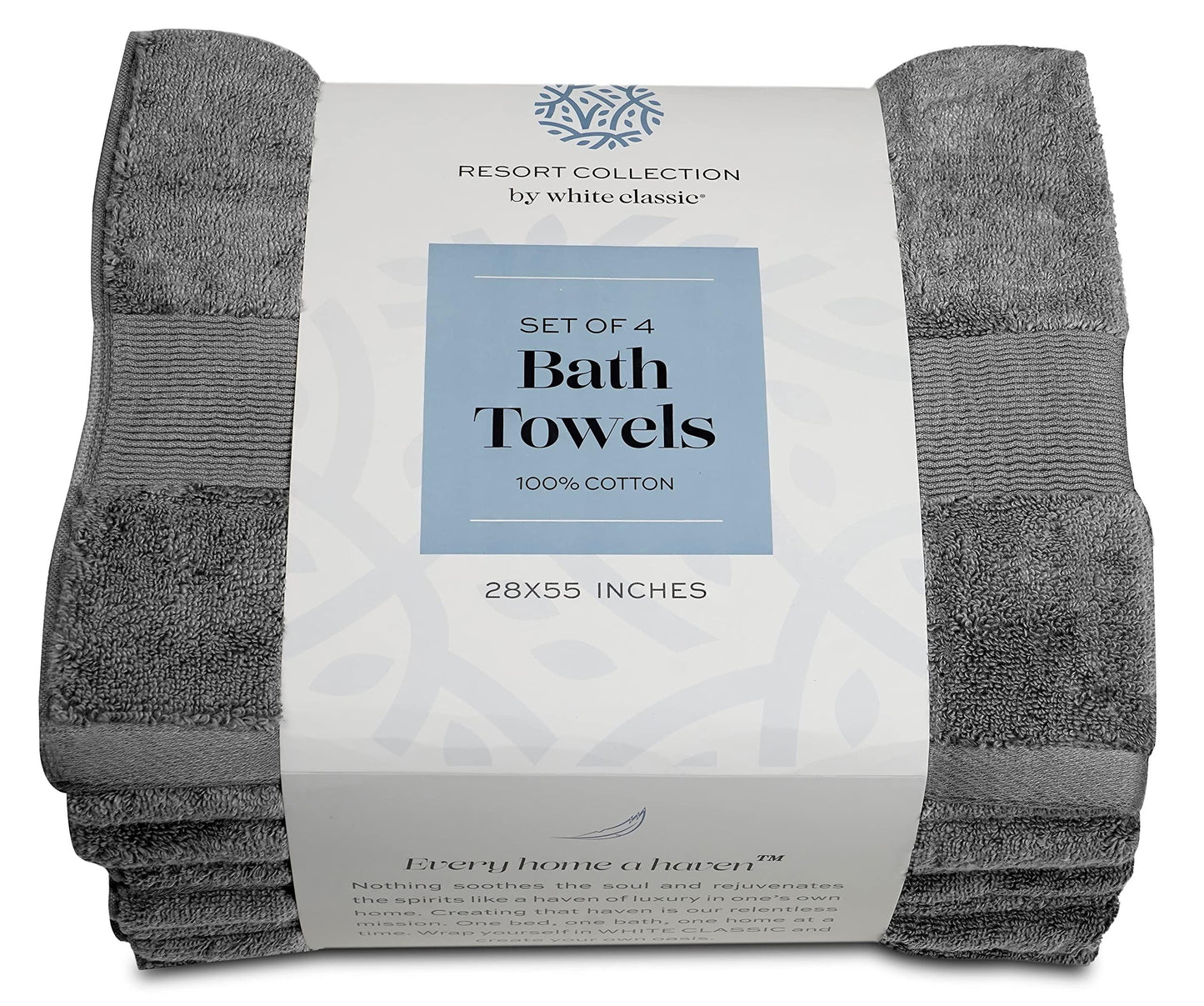 Resort Collection Soft Bath Towels | 28x55 Luxury Hotel Plush & Absorbent Cotton Bath Towel Large [4 Pack Smoke Grey]