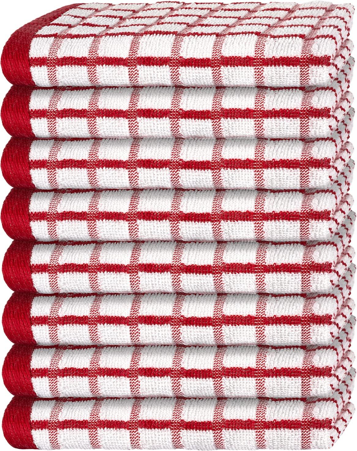 Premium Dish Towels for Kitchen with Hanging Loop [8 Pack] Heavy Duty Absorbent 100% Cotton 410 GSM Terry Kitchen Towels 16x26 (Red)