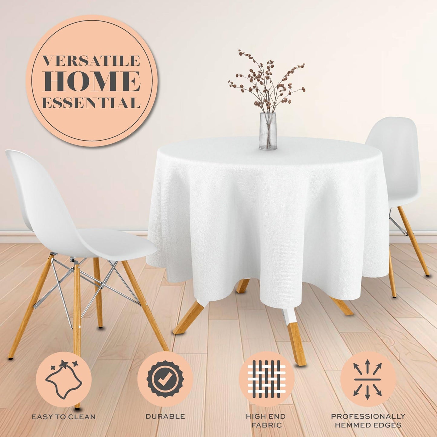 [2 Pack] White Round Tablecloths 70 Inch [for 30 60'' Tables] 200 GSM Premium Quality Textured Washable Polyester Fabric Table Cloth [70'' is Not Table Size]