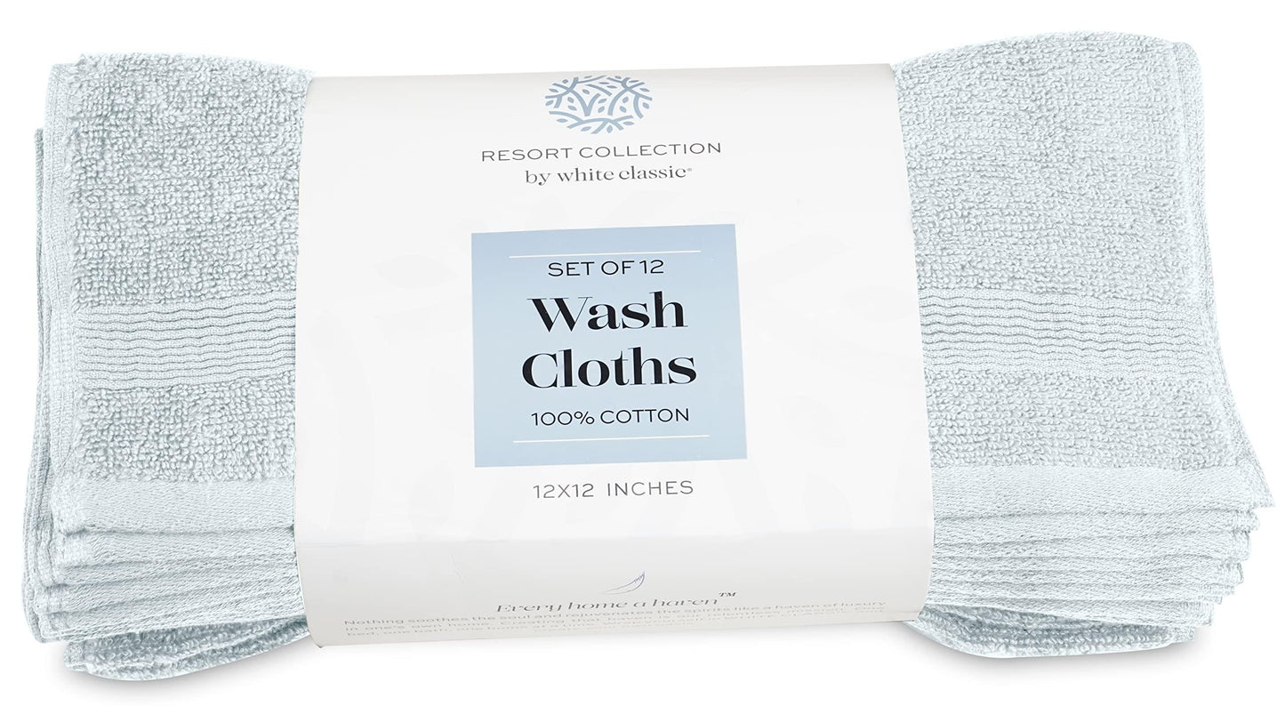 Resort Collection Soft Washcloth Face & Body Towel Set | 12x12 Luxury Hotel Plush & Absorbent Cotton Wash Clothes [12 Pack Light Blue]