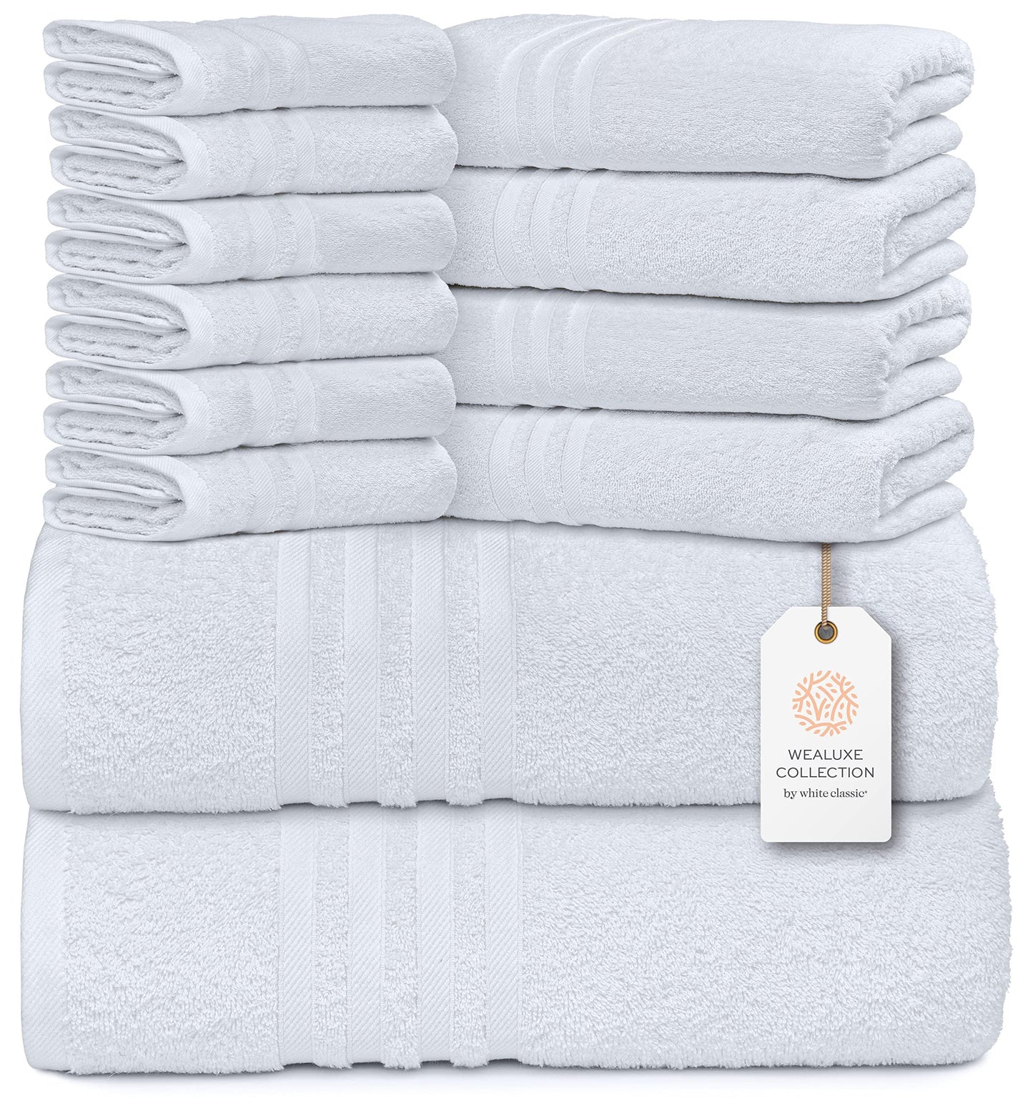 Wealuxe 12 Piece Bath Towel Set for Bathroom   2 Bath Towels 4 Hand Towels 6 Washcloths 100% Cotton Soft and Plush Highly Absorbent Soft Towel for Hotel & Spa   White