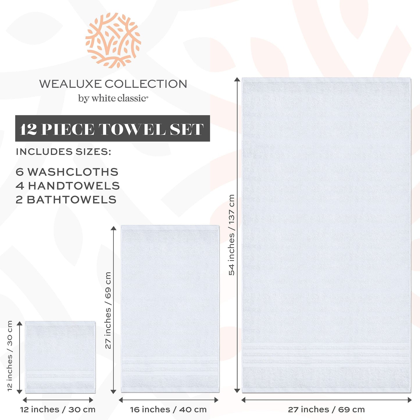 Wealuxe 12 Piece Bath Towel Set for Bathroom   2 Bath Towels 4 Hand Towels 6 Washcloths 100% Cotton Soft and Plush Highly Absorbent Soft Towel for Hotel & Spa   White