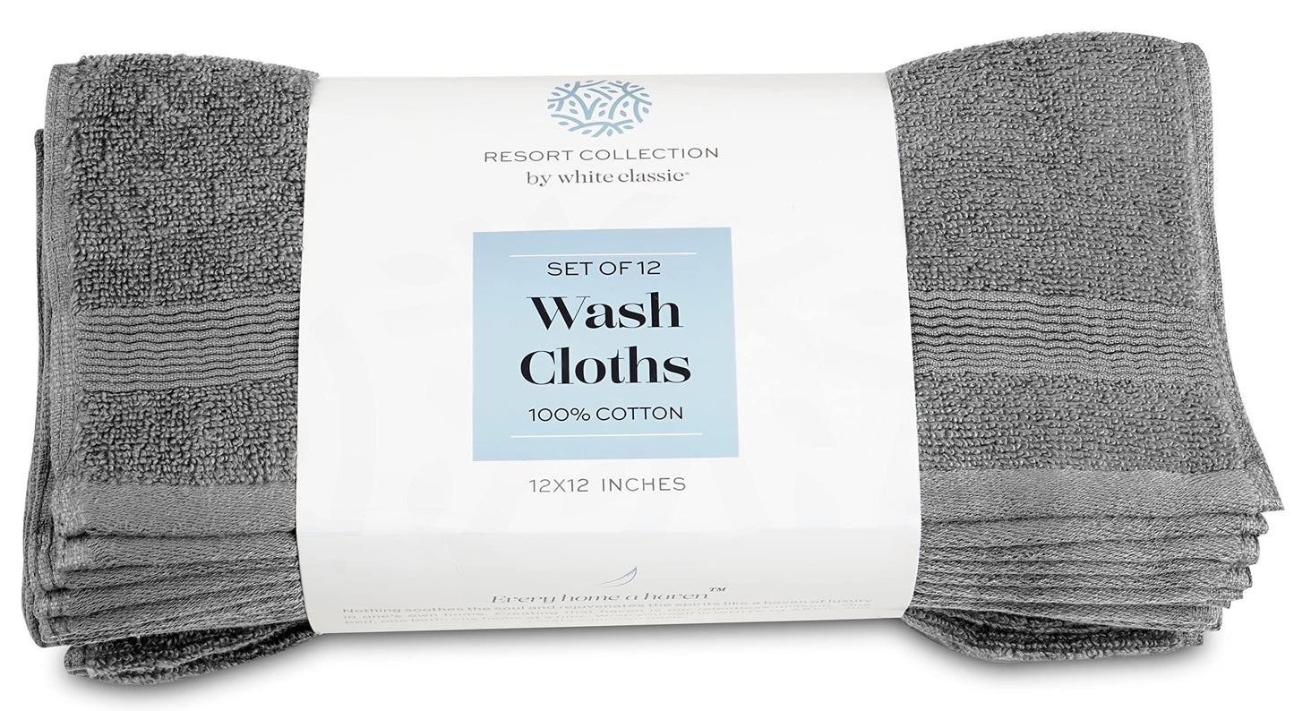 Resort Collection Soft Washcloth Face & Body Towel Set | 12x12 Luxury Hotel Plush & Absorbent Cotton Wash Clothes [12 Pack Smoke Grey]