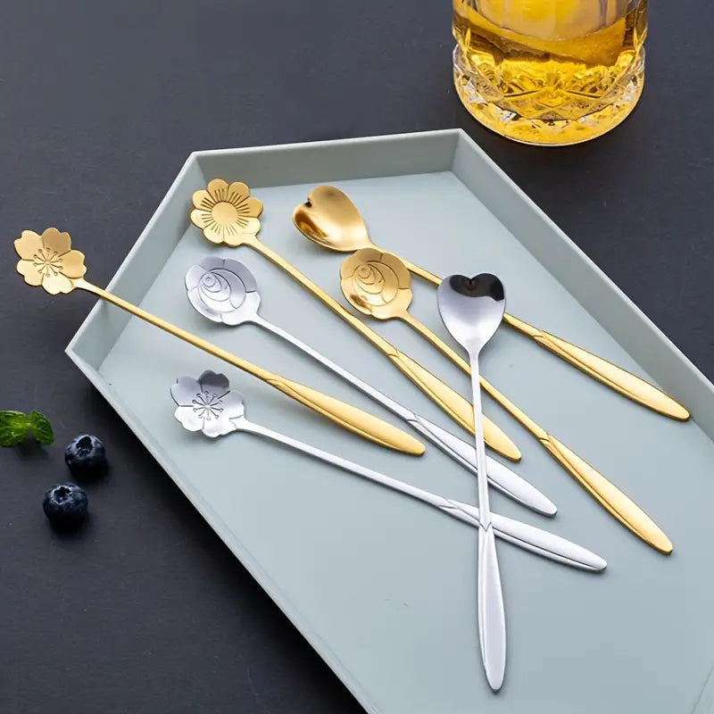 4-Piece Flower Tea Spoon Set, Stainless Steel Coffee Spoon, Long Handle Spoons
