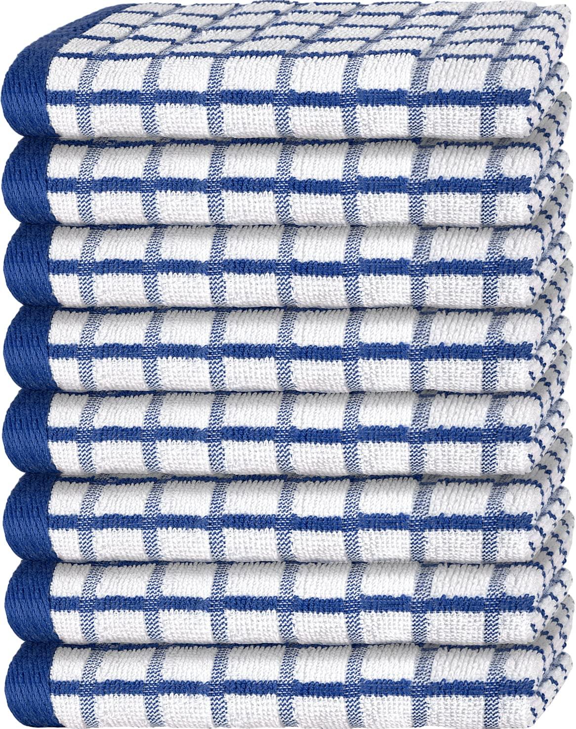 Premium Dish Towels for Kitchen with Hanging Loop [8 Pack] Heavy Duty Absorbent 100% Cotton 410 GSM Terry Kitchen Towels 16x26 (Blue)