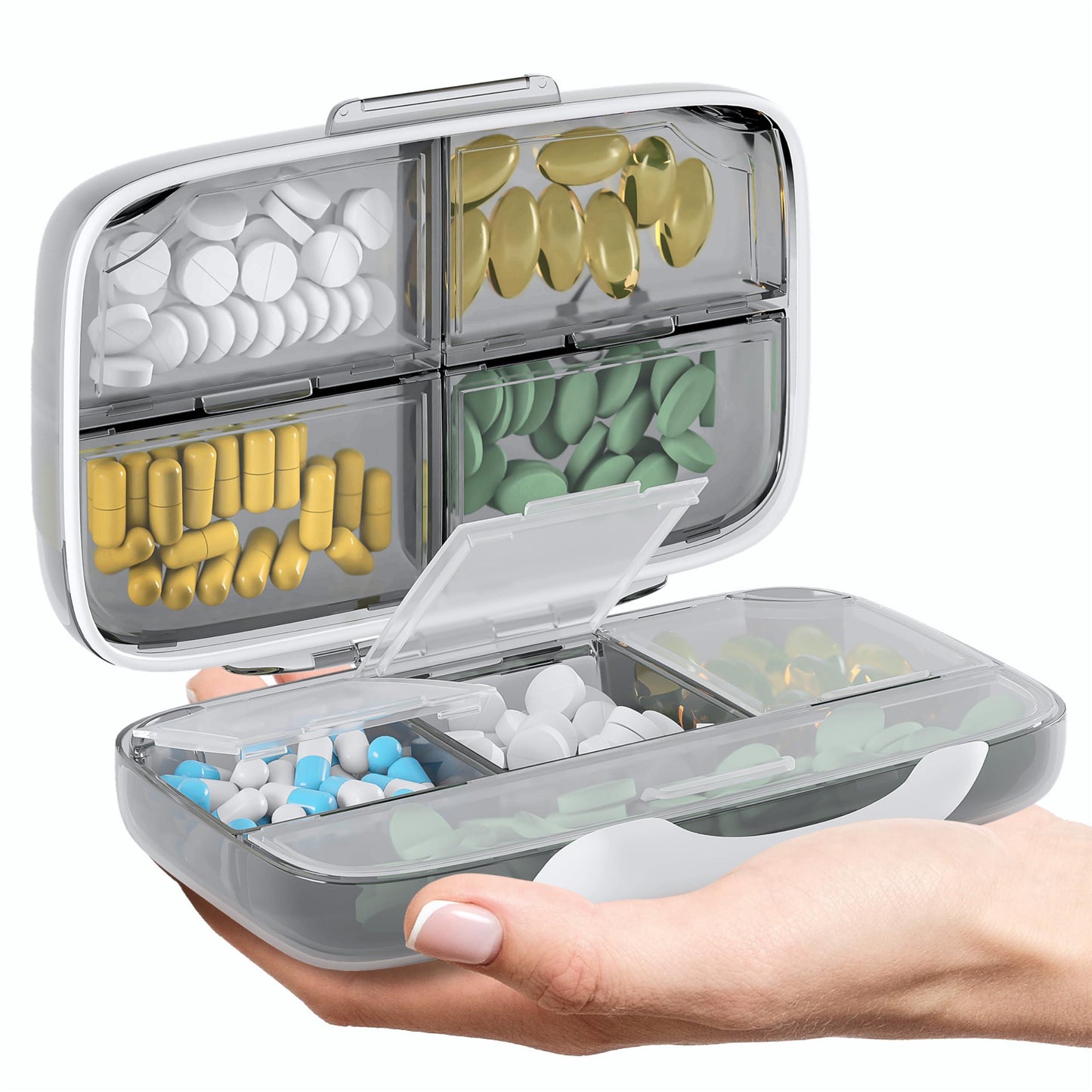 Travel Pill Organizer   Airtight Medicine Case for Traveling Portable Pharmacy Box with Labels Vitamin Container 8 Compartment Supplement Medication Holder Large Capacity Daily Essentials Storage Kit