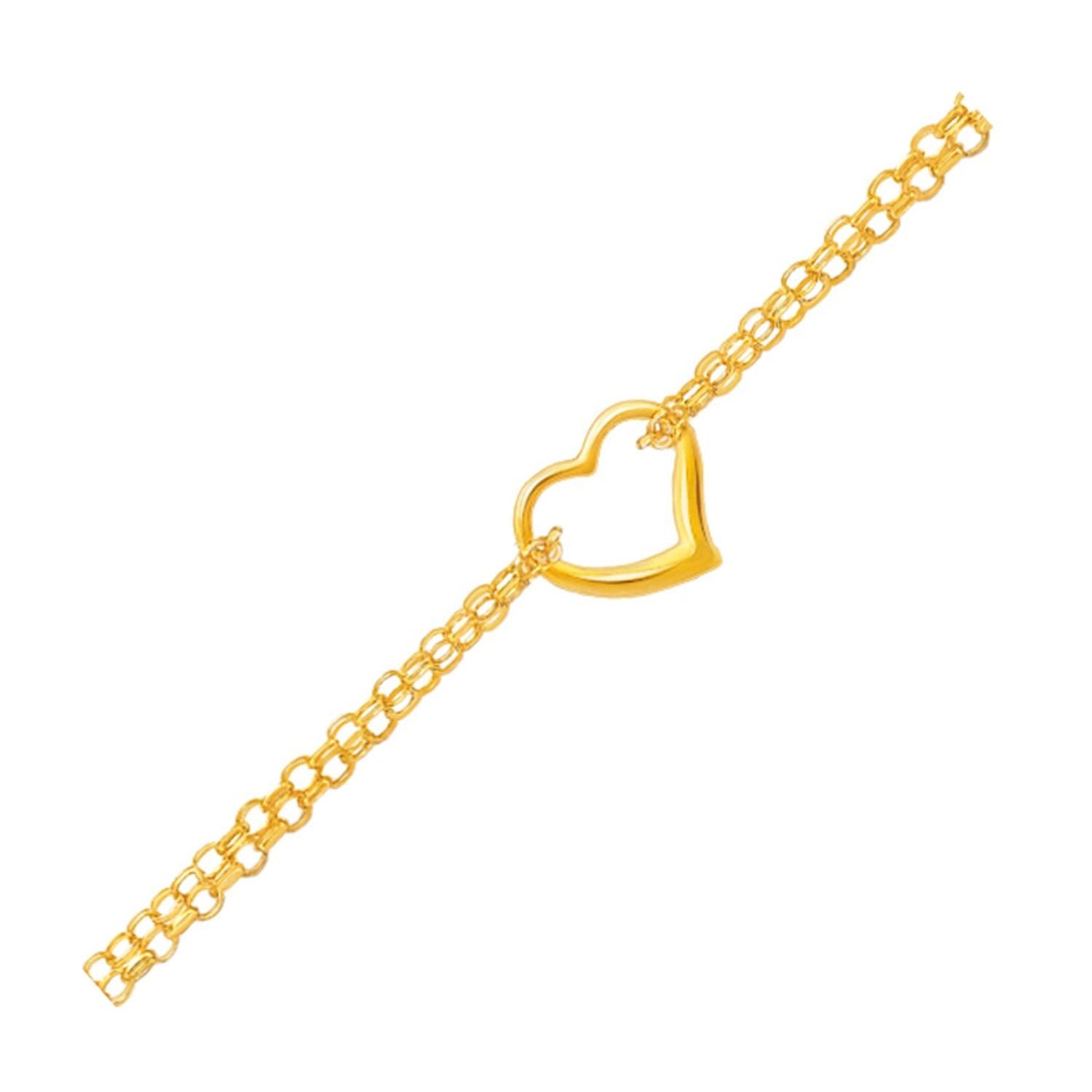 14k Yellow Gold Double Rolo Chain Anklet with an Open Heart Station