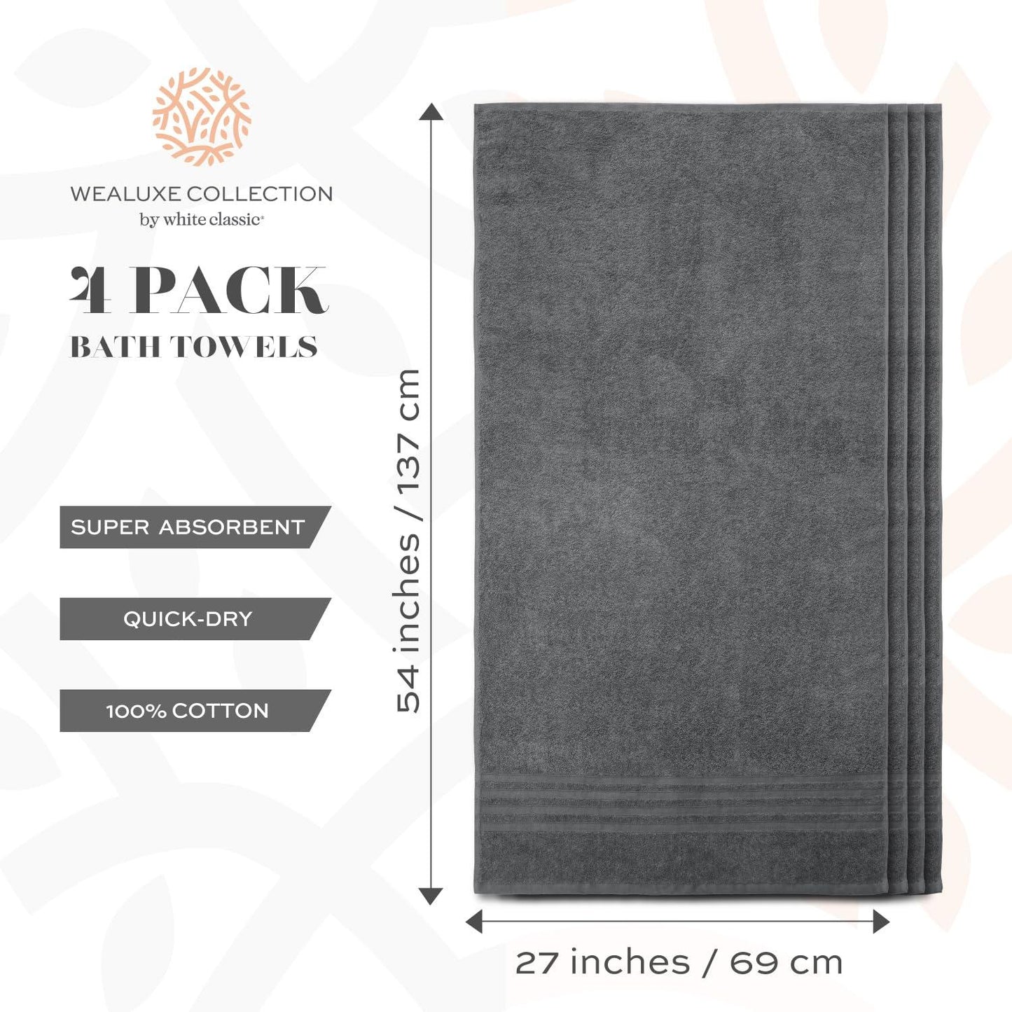 Wealuxe Grey Bath Towels Set of 4 Cotton Body Towel for Hotel Gym Spa Soft Extra Absorbent Quick Dry Towels for Bathroom 27x54 Inch