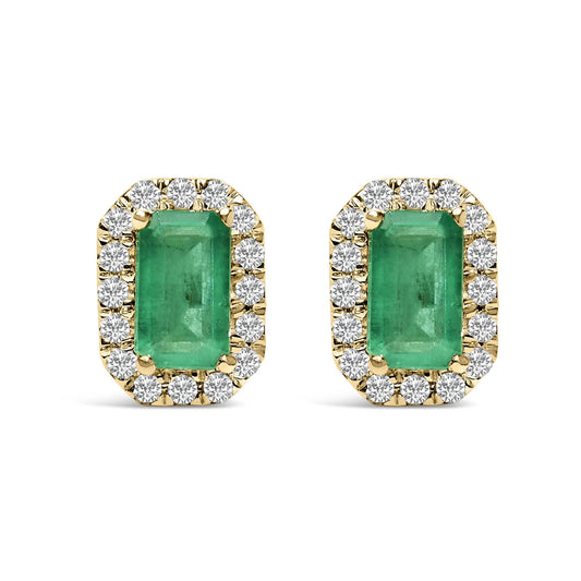 10K Yellow Gold 5x3mm Emerald-Cut Green Emerald and 1/7 Cttw Diamond Halo Octagonal Stud Earrings (I-J Color, I1-I2 Clarity)