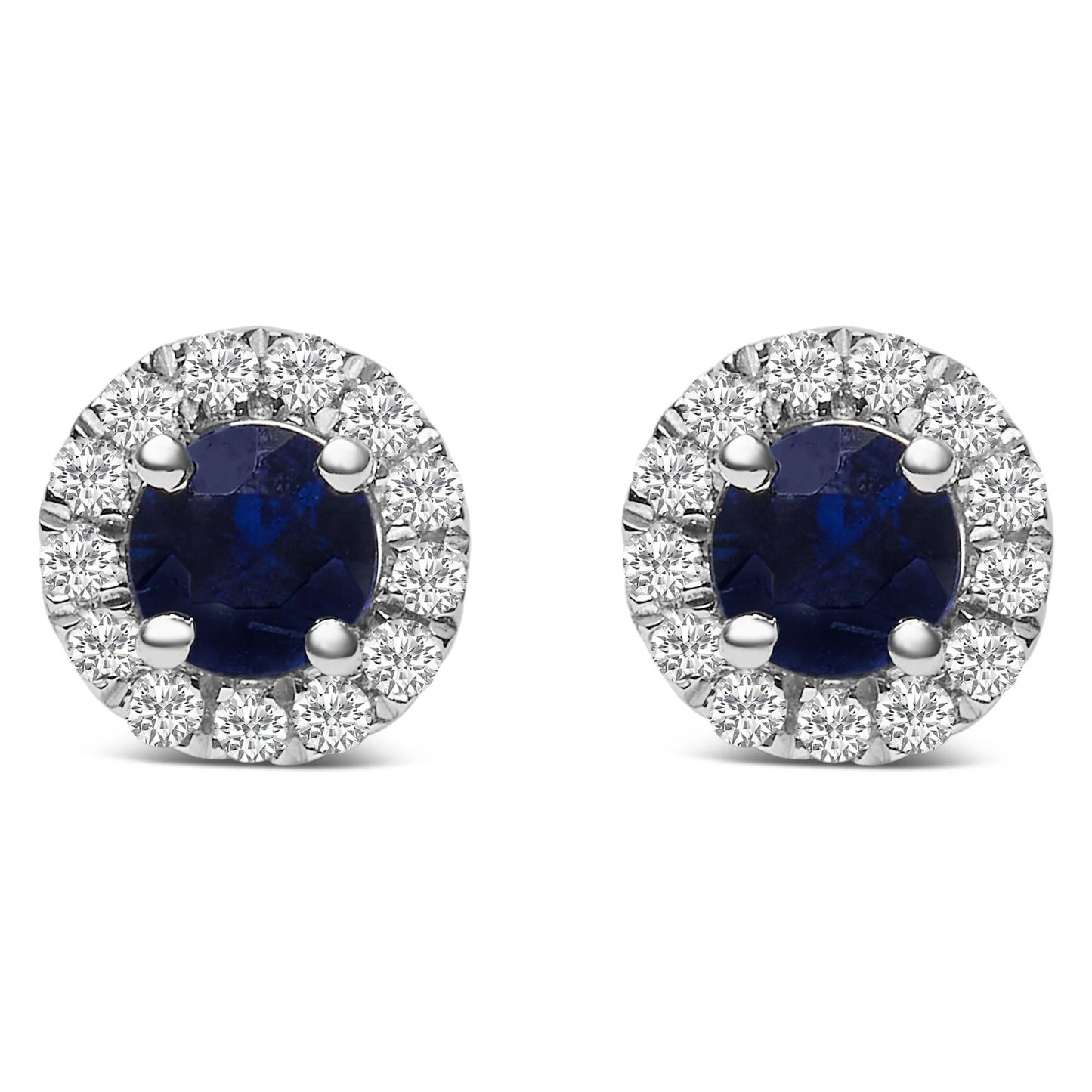 10K White Gold 3.25mm x 3.25mm Round Blue Sapphire and 1/10 Cttw Diamond Halo Stud Earrings (I-J Color, I1-I2 Clarity)