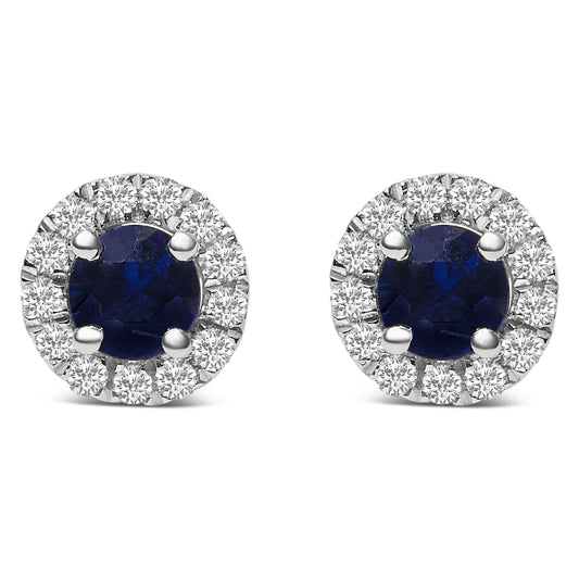 10K White Gold 3.25mm x 3.25mm Round Blue Sapphire and 1/10 Cttw Diamond Halo Stud Earrings (I-J Color, I1-I2 Clarity)