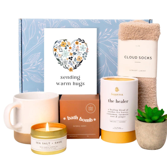 Unboxme Luxe Get Well Soon Gift Box for Women | Organic Self Care Package with Bath Bomb FLuffy Socks Mug Lemon Ginger Tea Set Candle & Warm Hugs Card | Feel Better Basket