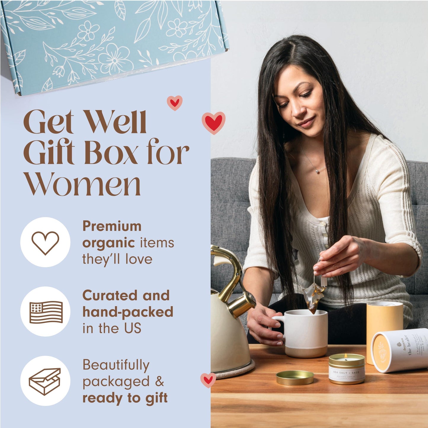 Unboxme Comforting Care Package for Women   Organic Self Care Get Well Soon Gift Basket with Fluffy Socks Lemon Ginger Tea Set Sea Salt Scented Candle   Ideal Post Surgery & Feel Better Basket