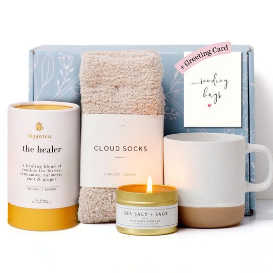 Unboxme Get Well Gift Box   USDA Organic Get Well Soon Self Care Package for Women | Fluffy Socks Mug Lemon & Ginger Tea Set Sea Salt Sage Scented Candle Sending Hugs Card | Feel Better Basket