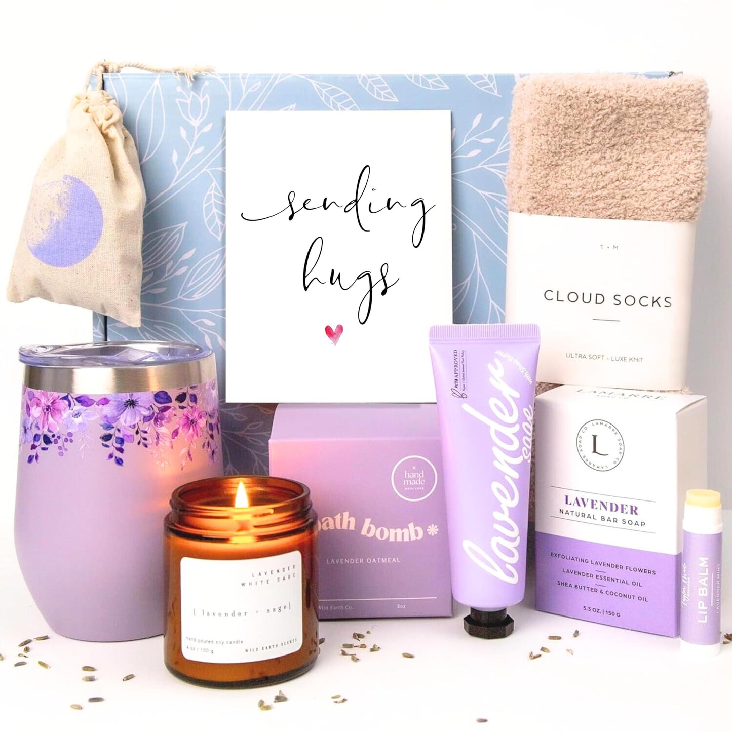 Unboxme Lavender Spa Gift Set   Relaxation Gifts For Women   Get Well Soon Gift Basket with Scented Candle Bath Bomb Soap ( Sending Hugs  Greeting Card Luxury Lavender Collection)