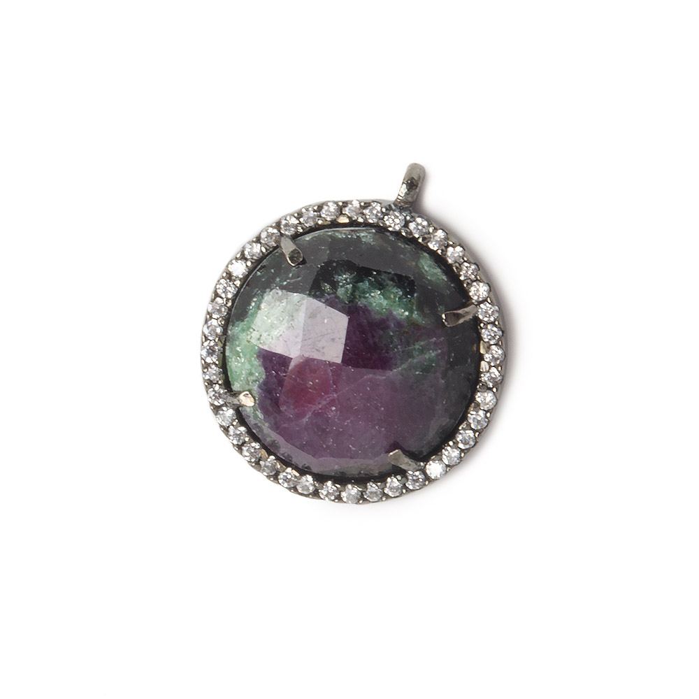 17mm Black Gold Bezel White CZ and Ruby in Zoisite Coin Pendant 1 focal bead