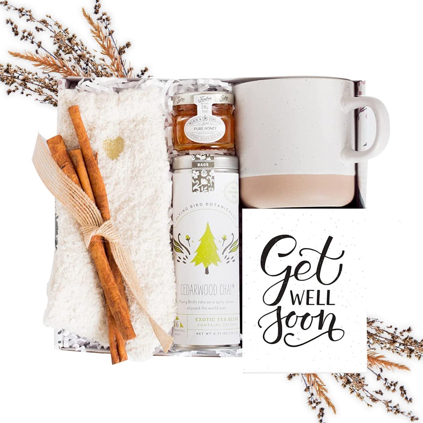 Unboxme Get Well Soon Comforting Gift Basket for Women   Soothing Self Care Box with Fluffy Socks Ceramic Mug Chai Tea Honey & Cinnamon for Mom Sister Friends and Coworkers