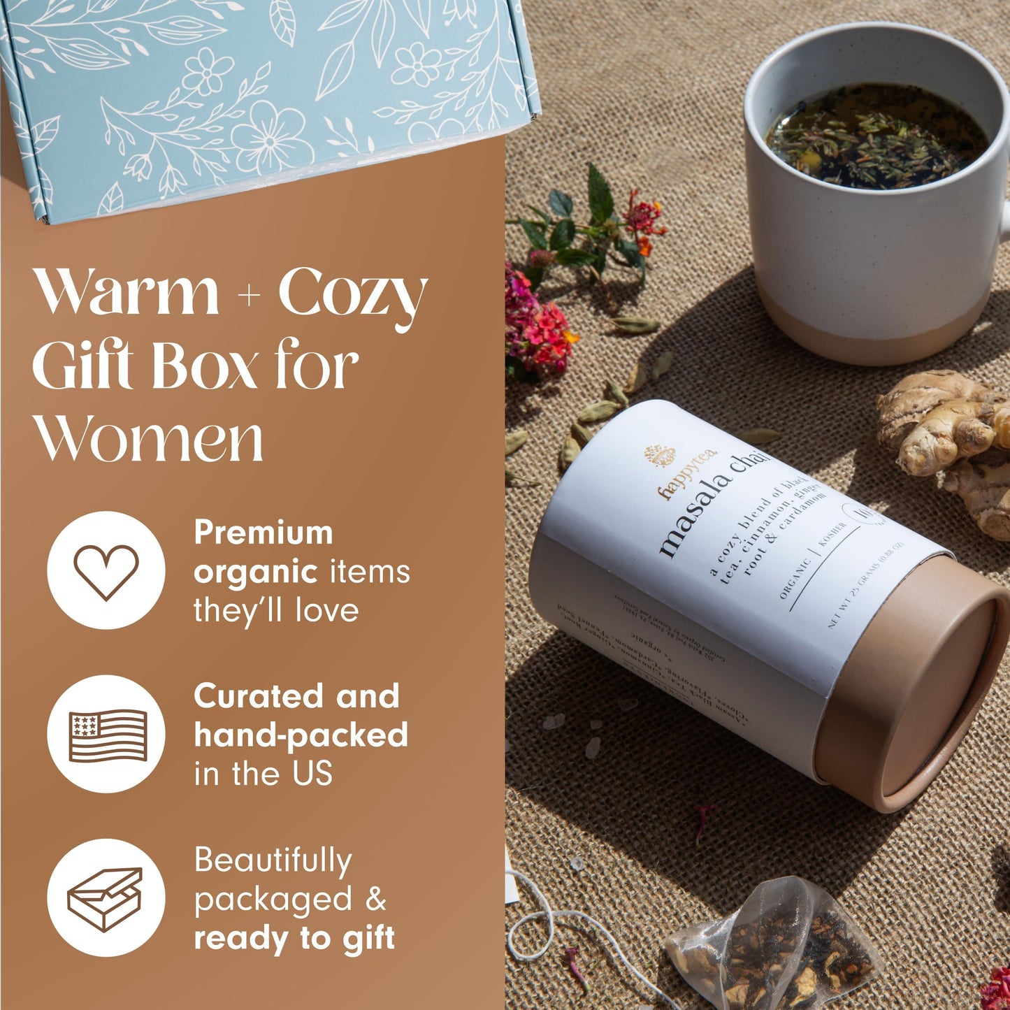 Unboxme Get Well Soon Comforting Gift Basket for Women   Soothing Self Care Box with Fluffy Socks Ceramic Mug Chai Tea Honey & Cinnamon for Mom Sister Friends and Coworkers