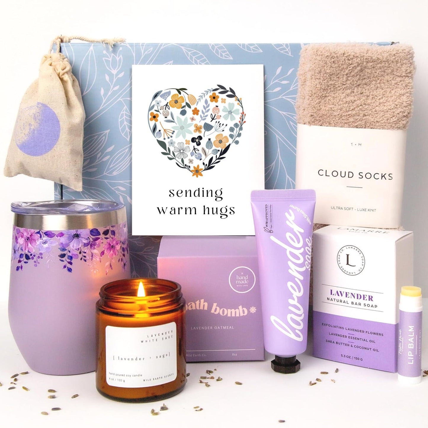 Unboxme Lavender Spa Gift Basket For Women   Relaxation Gifts I Self Care Package with Lavender Scented Candle Wine Tumbler Bath Bomb Soap Socks Hand Cream & Bonus Card | Sympathy Gift