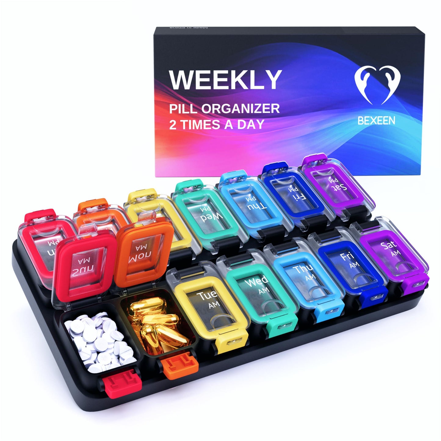 Weekly Pill Organizer 2 Times A Day   Airtight Pill Box 7 Day   Am Pm Vitamin Case Extra Large Medicine Container Two Week Supplement Holder Daily Medication Storage XL Twice Med Sorter Cute