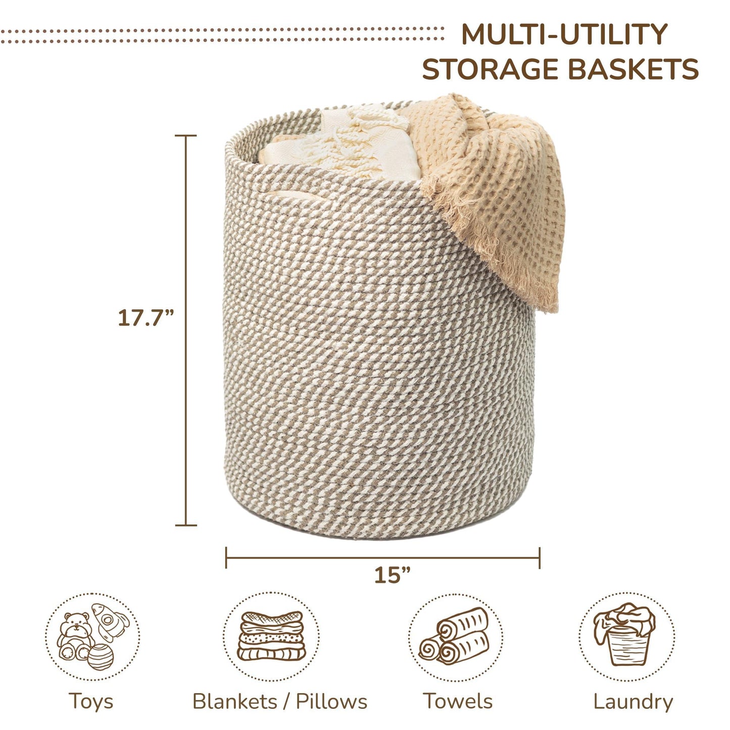 Recycled Cotton Laundry Basket   Woven Rope Blanket Storage Basket Toys Towels Laundry and Living Room Organization  15x15x17.7    Eco Friendly and Stylish White & Gray Melange