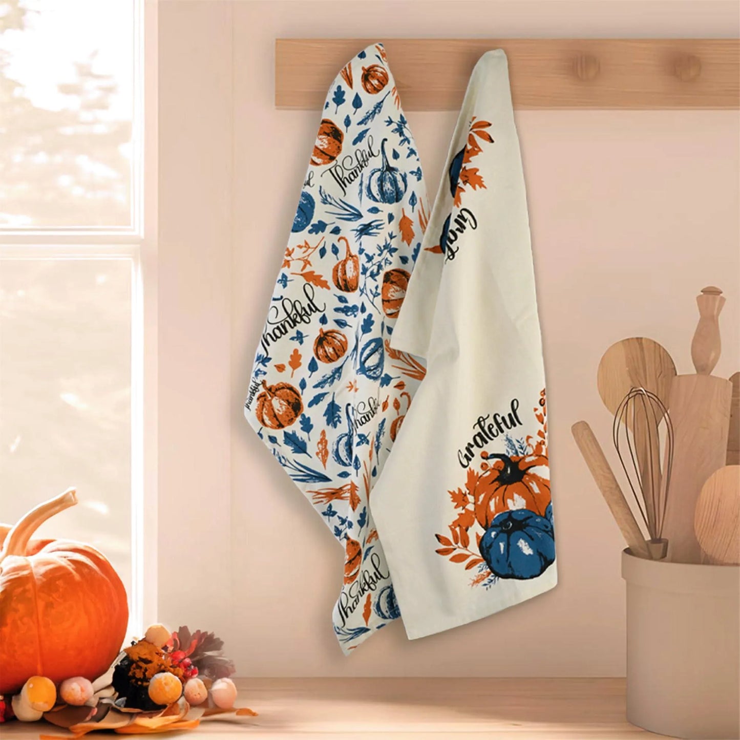 Set of 2 Thankful & Grateful Printed Dish Towels Hand Towels Boho Tea Towels   Multifunctional Stylish Absorbent Quick Dry Soft 18  x28  100% Cotton Blue & Orange