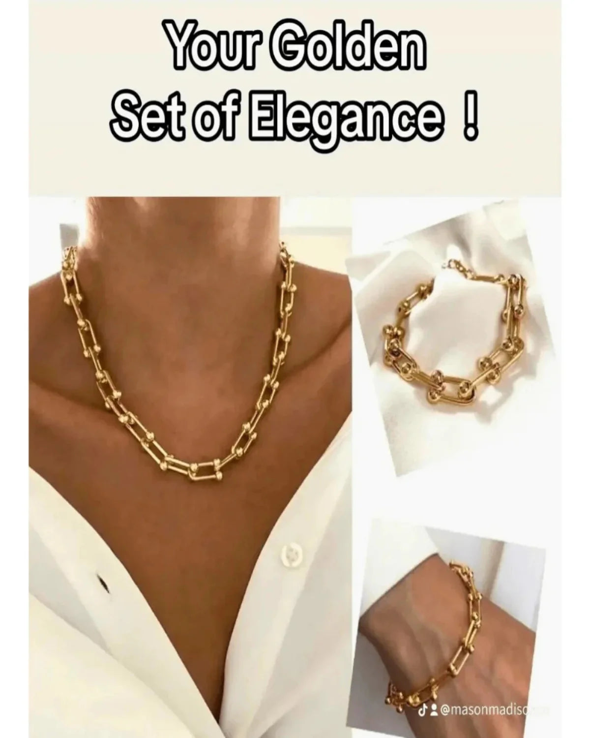 18K Gold Link Chain Necklace Bracelet Bundle Set