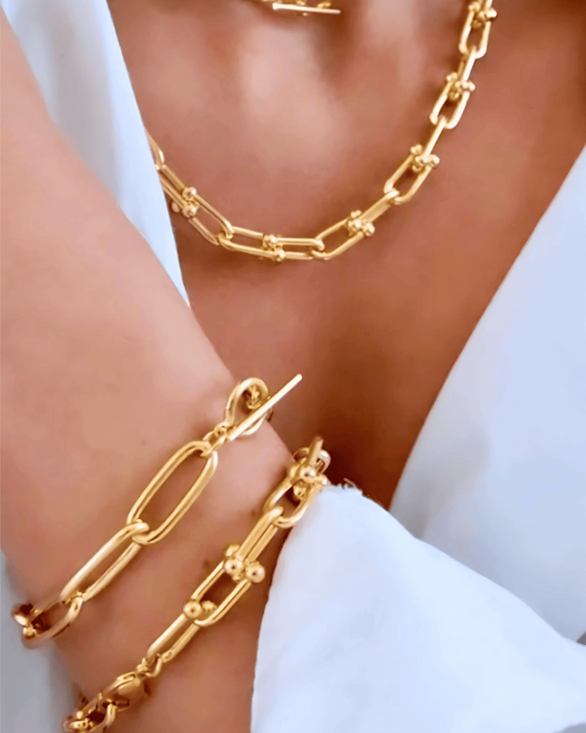 18K Gold Link Chain Necklace Bracelet Bundle Set