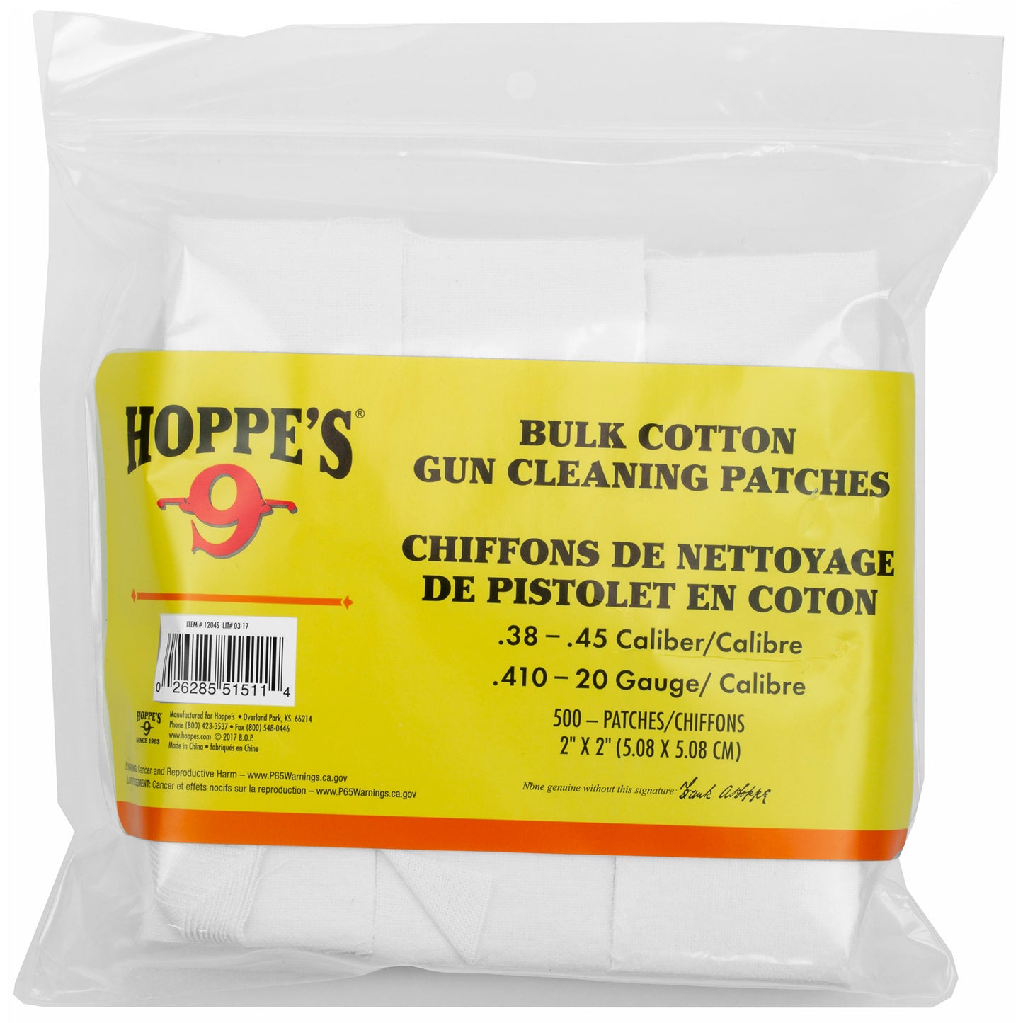 Hoppes Clng Patch 38-45cal 500pk