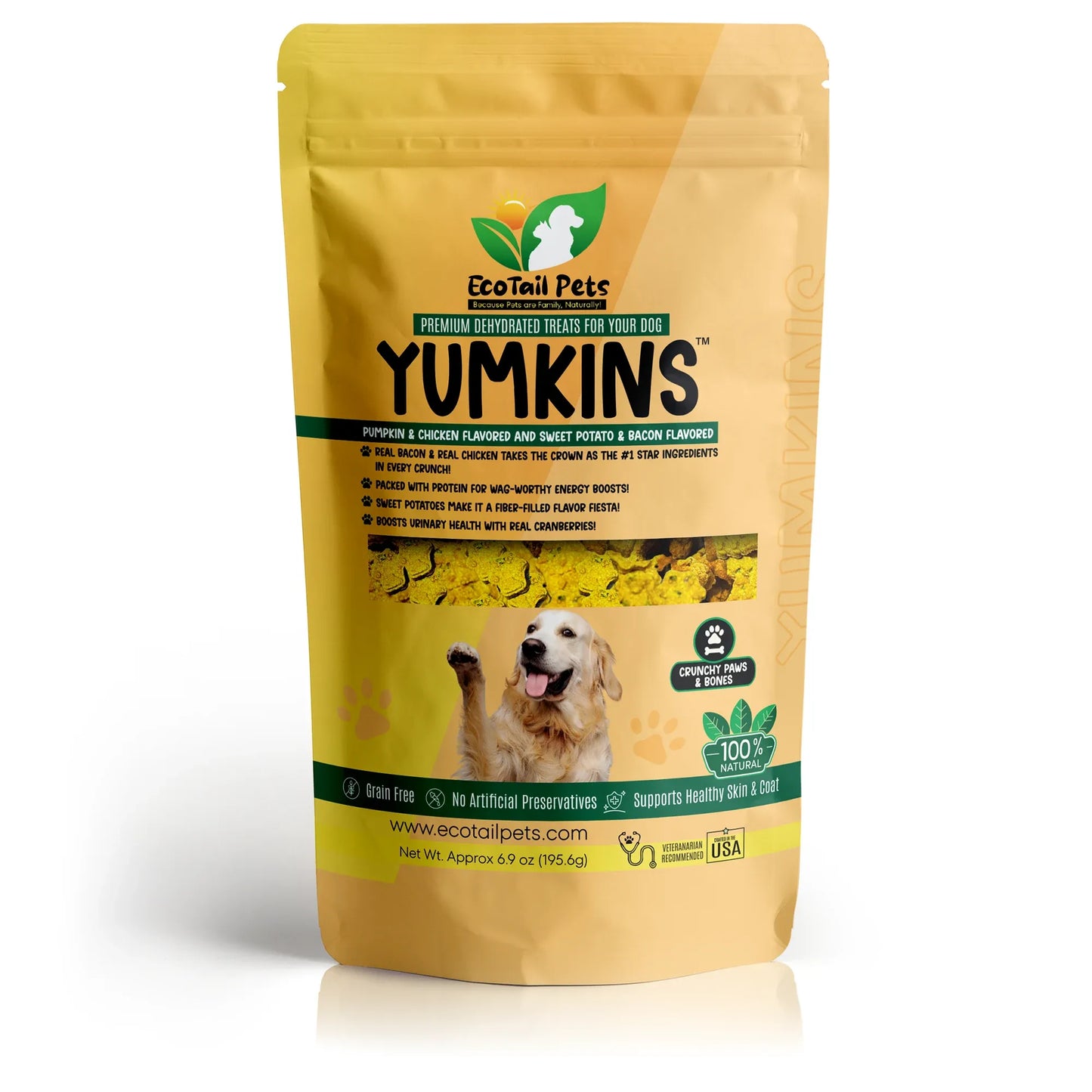 𝗦𝗨𝗕𝗦𝗖𝗥𝗜𝗣𝗧𝗜𝗢𝗡 • Yumkins™: Pumpkin & Chicken Flavored Paws and Sweet Potato & Bacon Flavored Bones - Large Size Single Pouch - 6.9oz