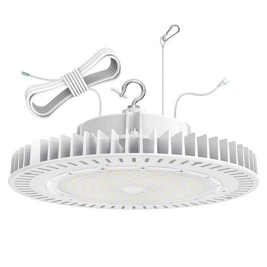 White LED High Bay Lights 150W 200W 240W 5000K 100-277V 0-10V Dim UFO High Bay LED Light for Workshop Garage Barn Factory with 5' Cable ETL DLC Listed
