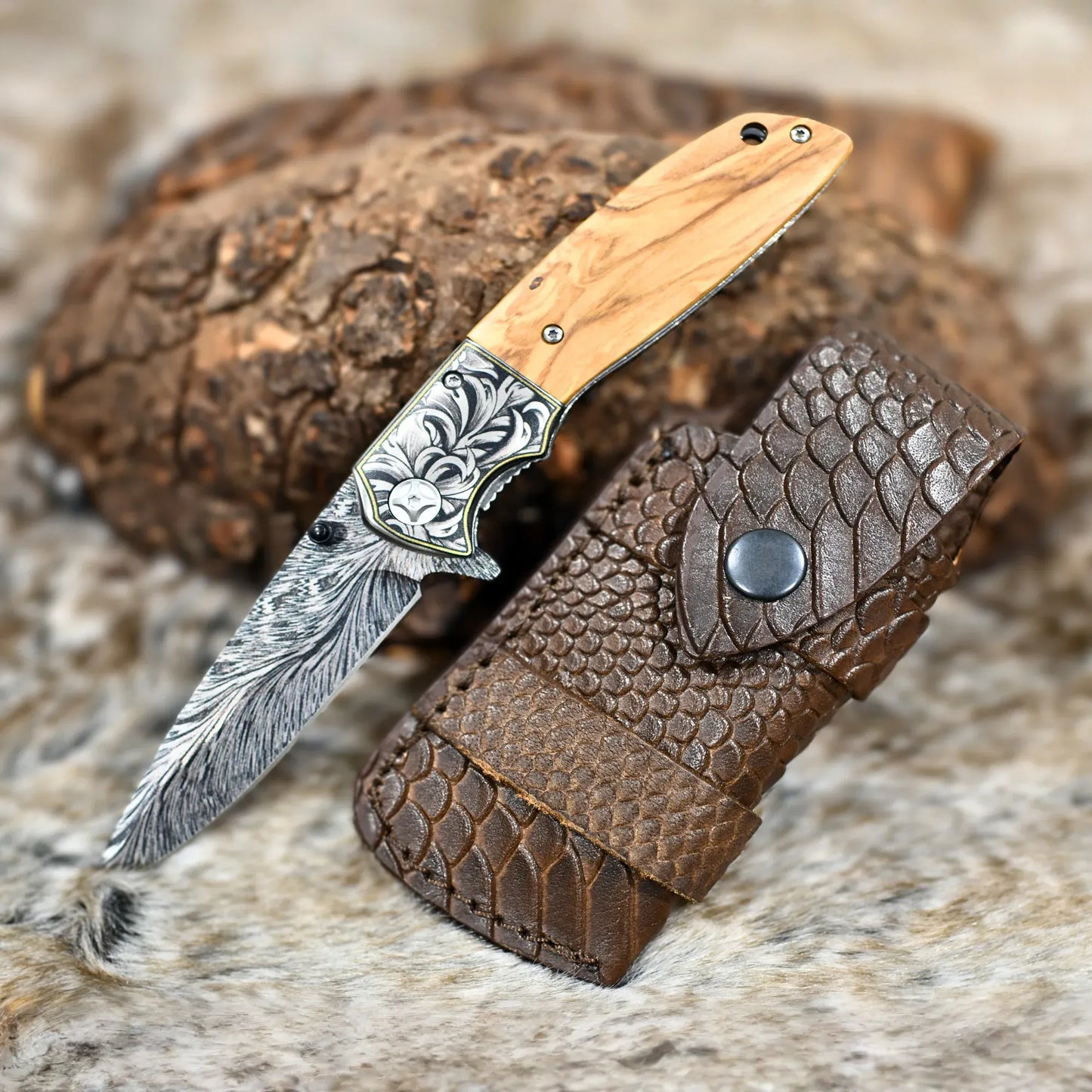 Vertex Damascus Pattern Pocket Knife with Exotic Olive Wood Handle