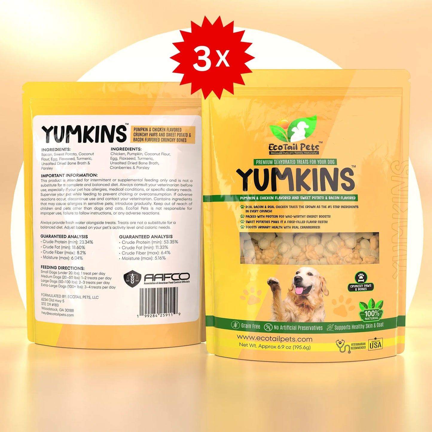𝗦𝗨𝗕𝗦𝗖𝗥𝗜𝗣𝗧𝗜𝗢𝗡 • Yumkins™: 3 x (6.9oz) Pumpkin & Chicken Flavored Paws and Sweet Potato & Bacon Flavored Bones - Bundle