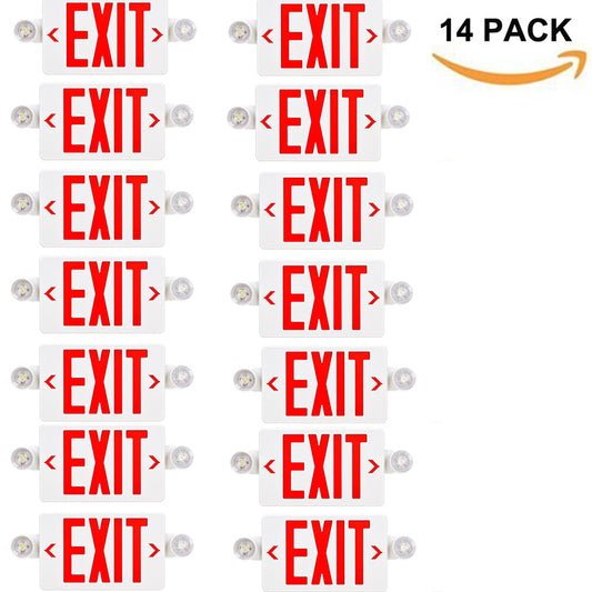 2W LED Exit Sign and Emergency Light Combo,90-min Battery Backup with Two LED Lamp Heads for Business, Low-Voltage Battery Cutoff, ETL Listed-14 Pack