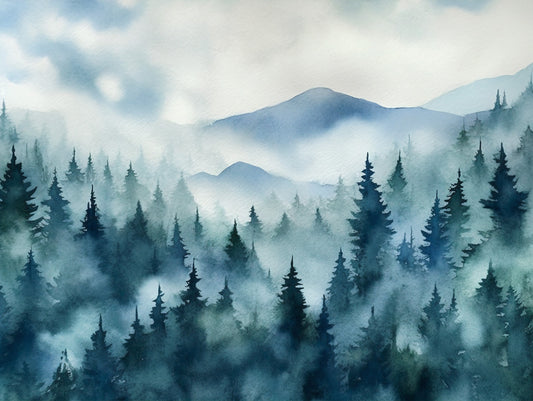 Watercolor Misty Mountain Forest Mural