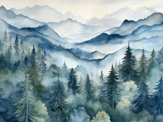 Watercolor Foggy Pine Tree Forest Mural