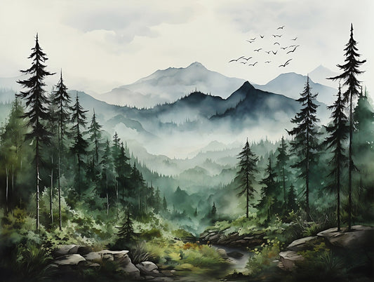 Foggy Forest & Mountain Wall Mural