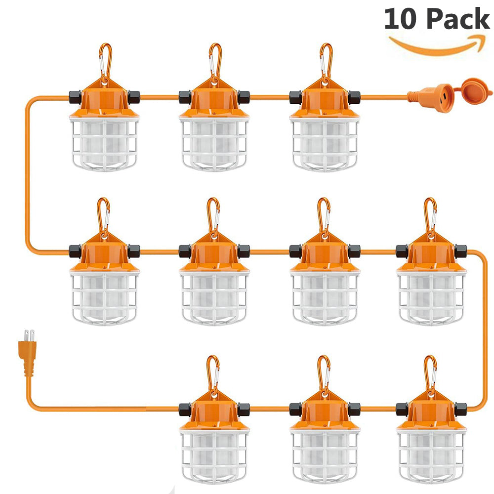 100FT LED Work String Lights, 100W 10000LM 5000K AC100-277V Industrial Grade Construction String Light for Jobsite with 10 Bulbs & Hooks, ETL Listed