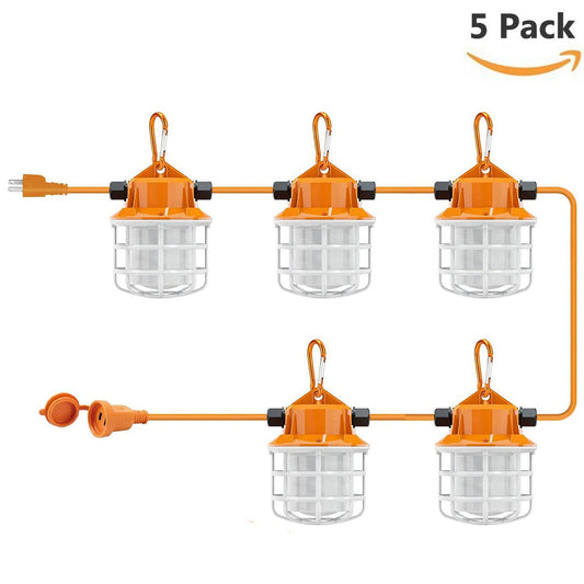 50FT LED Construction String Lights, 50W 5000lm Waterproof Outdoor String Temporary Work Light with 5 Bulbs and Climbing Hook for Jobsite, ETL Listed